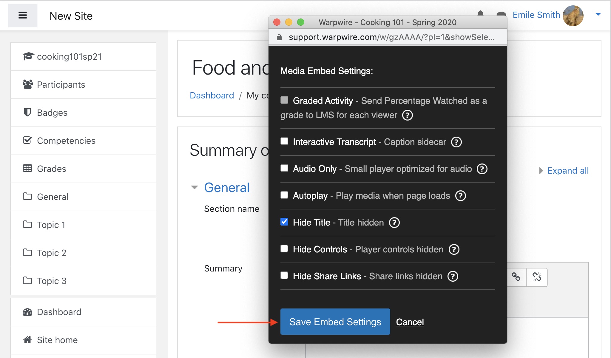 Media capture embed settings in Moodle text editor