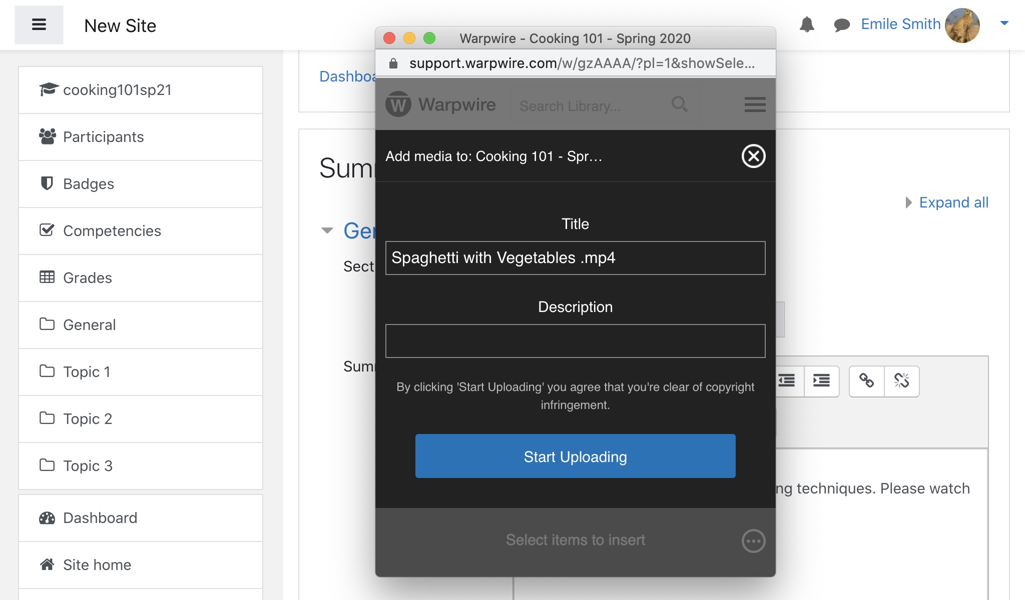 User input fields for asset title and description