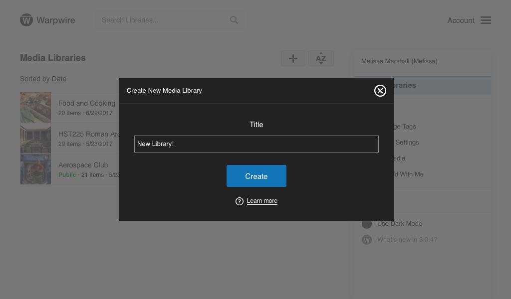 Create a Warpwire Media Library pane with user input for Library Title