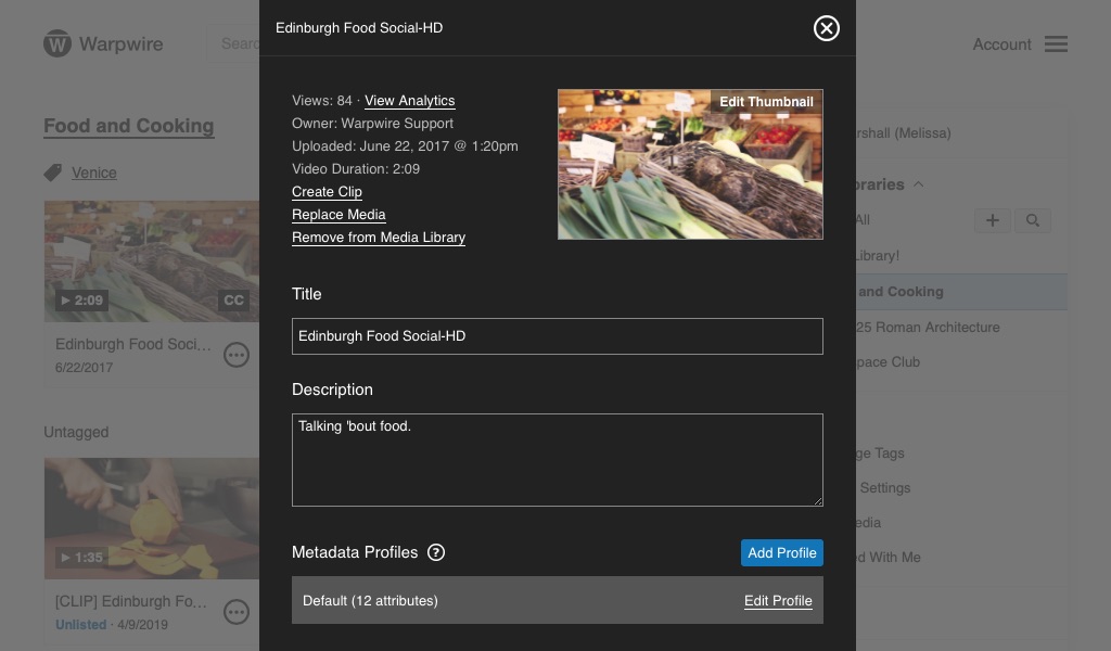 Media options view, showing asset title and description