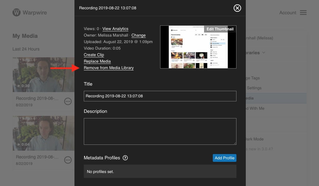 Upper-left of the Media options view with link to 'Remove from Media Library'
