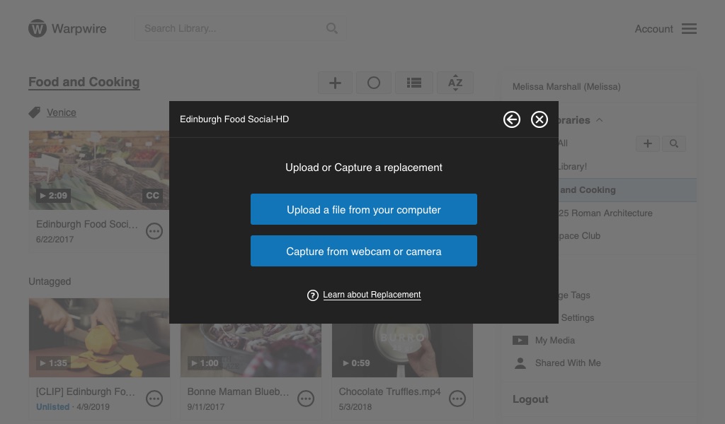 Pane with two blue option buttons to either upload or capture replacement asset