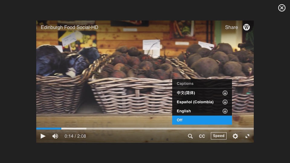 Close up of Warpwire video player, with closed caption menu selected