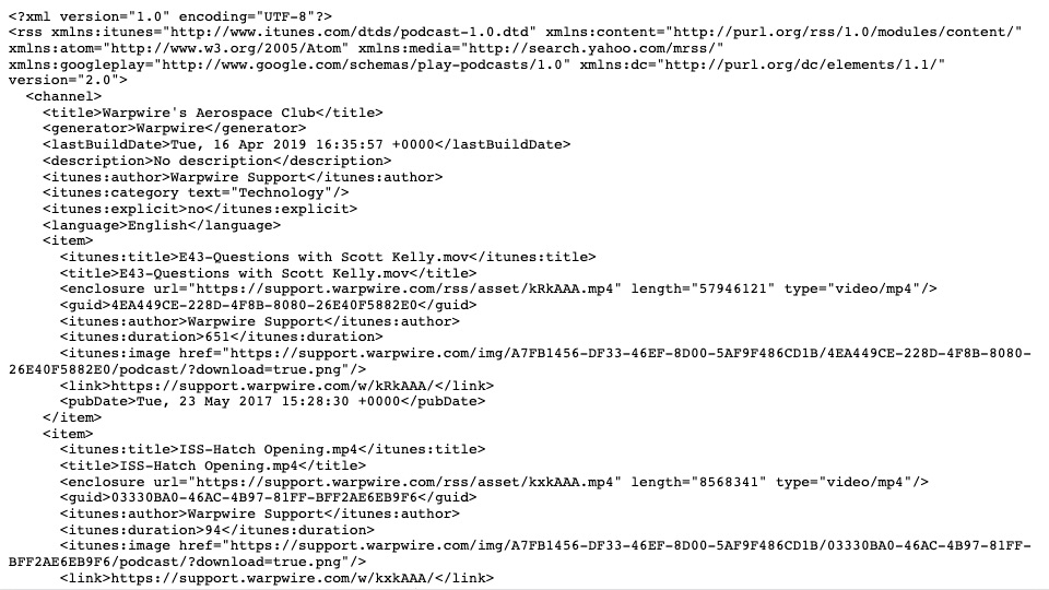 XML file for RSS feed