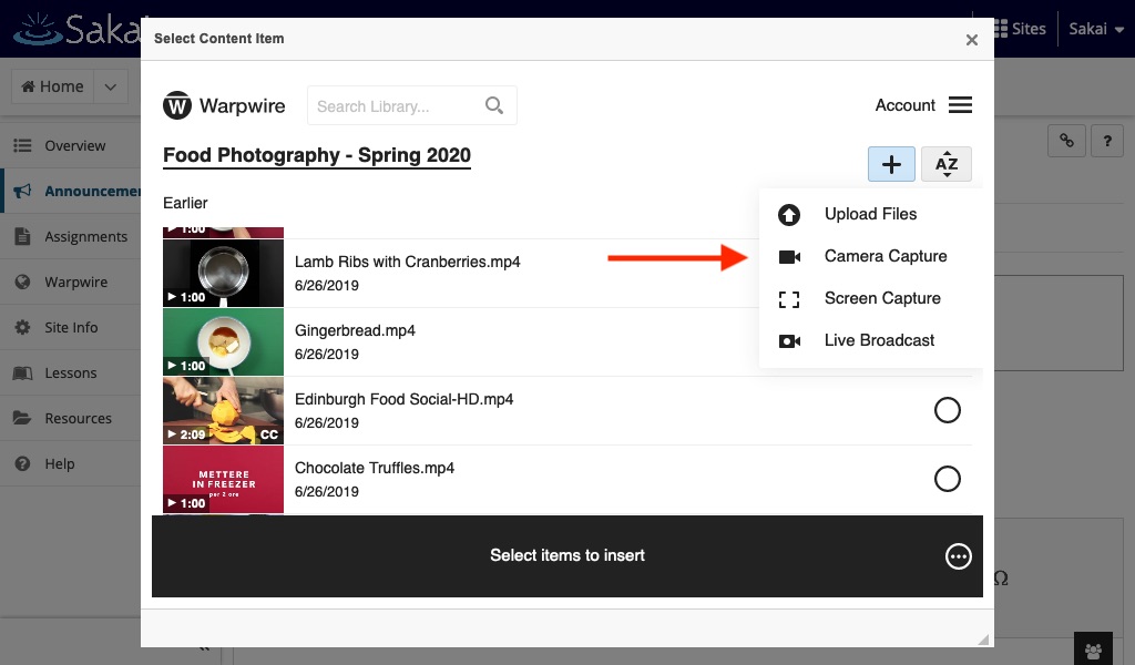Add Content dropdown menu, red arrow pointing at 'Camera Capture'