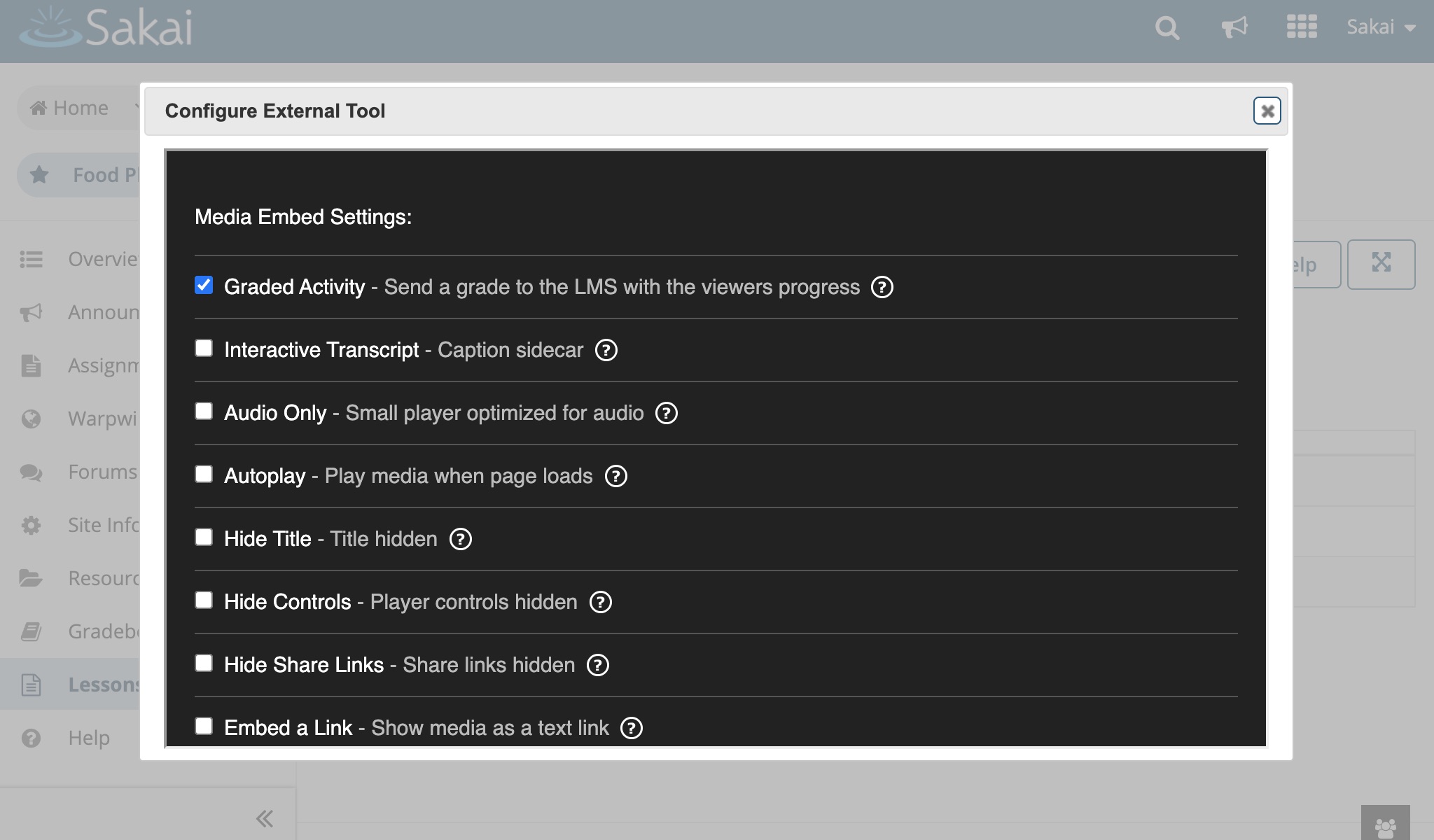 Media Embed Settings within the text editor