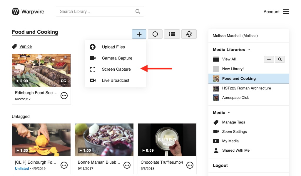 Within Warpwire platform, red arrow pointing to Screen Capture in Add Content dropdown