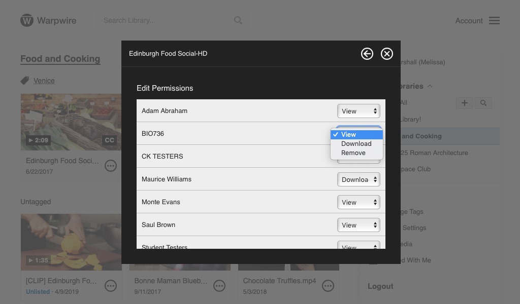 List of users and groups with access to media within the Warpwire platform