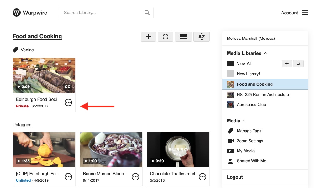 Warpwire media library view with video marked 'Private'