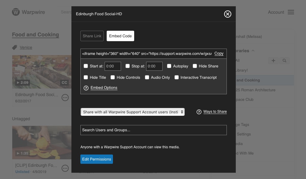 Embed code for asset with options to customize sharing capabilities
