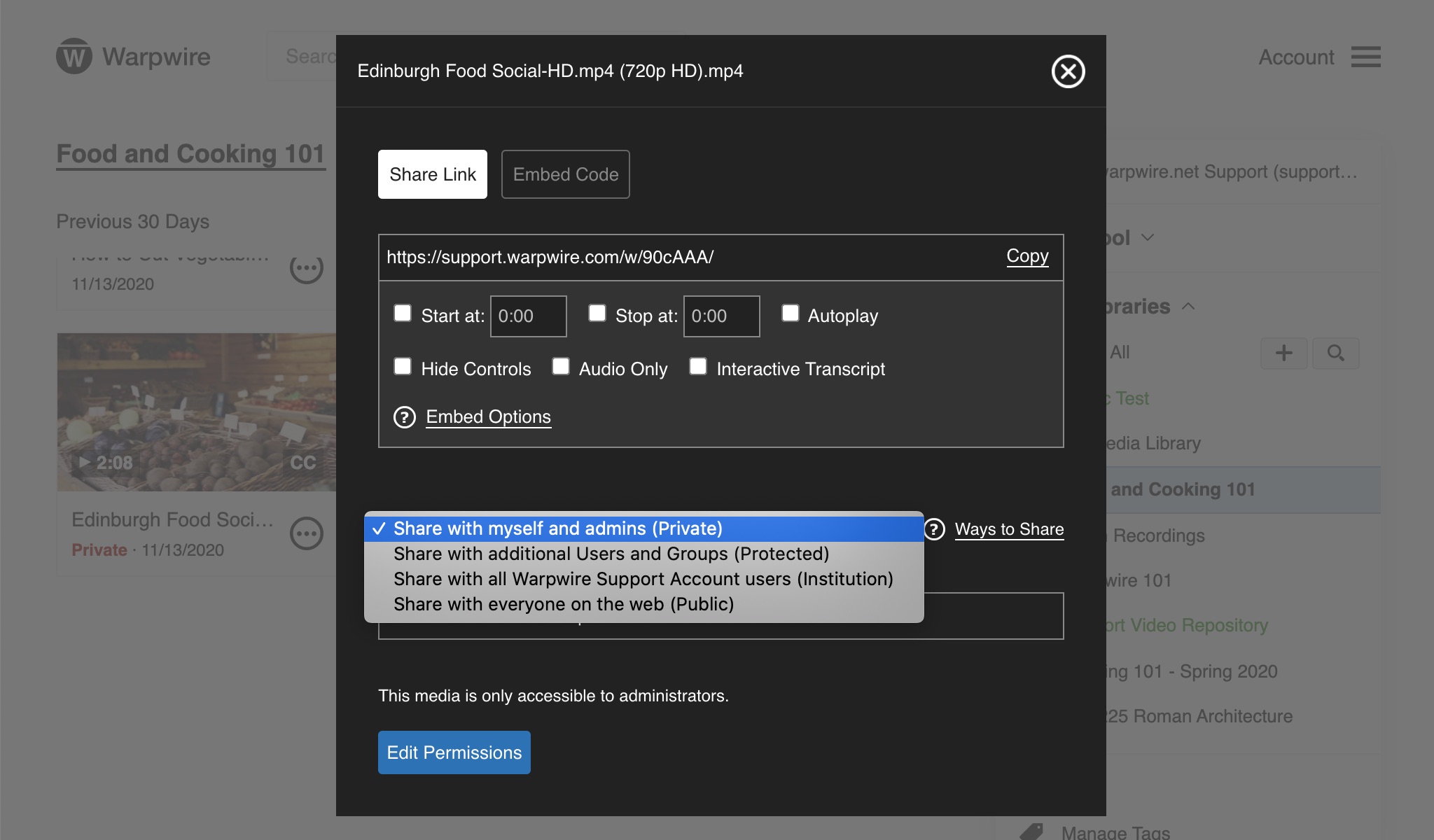 Sharing options for Warpwire media, dropdown menu with 'Private' selected