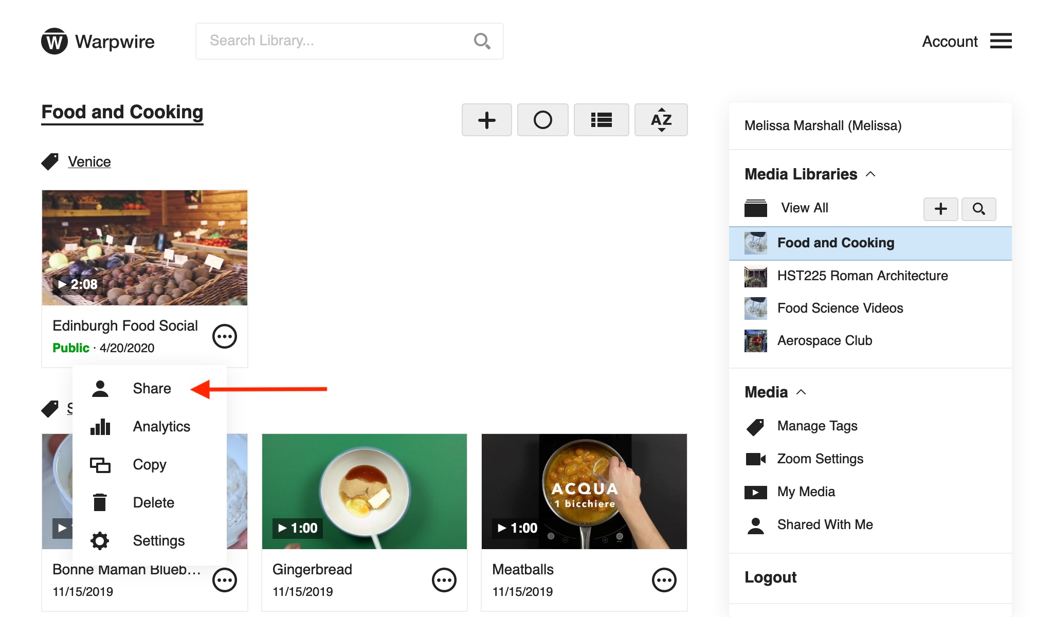 Media options dropdown menu within Warpwire library with 'Share' selected