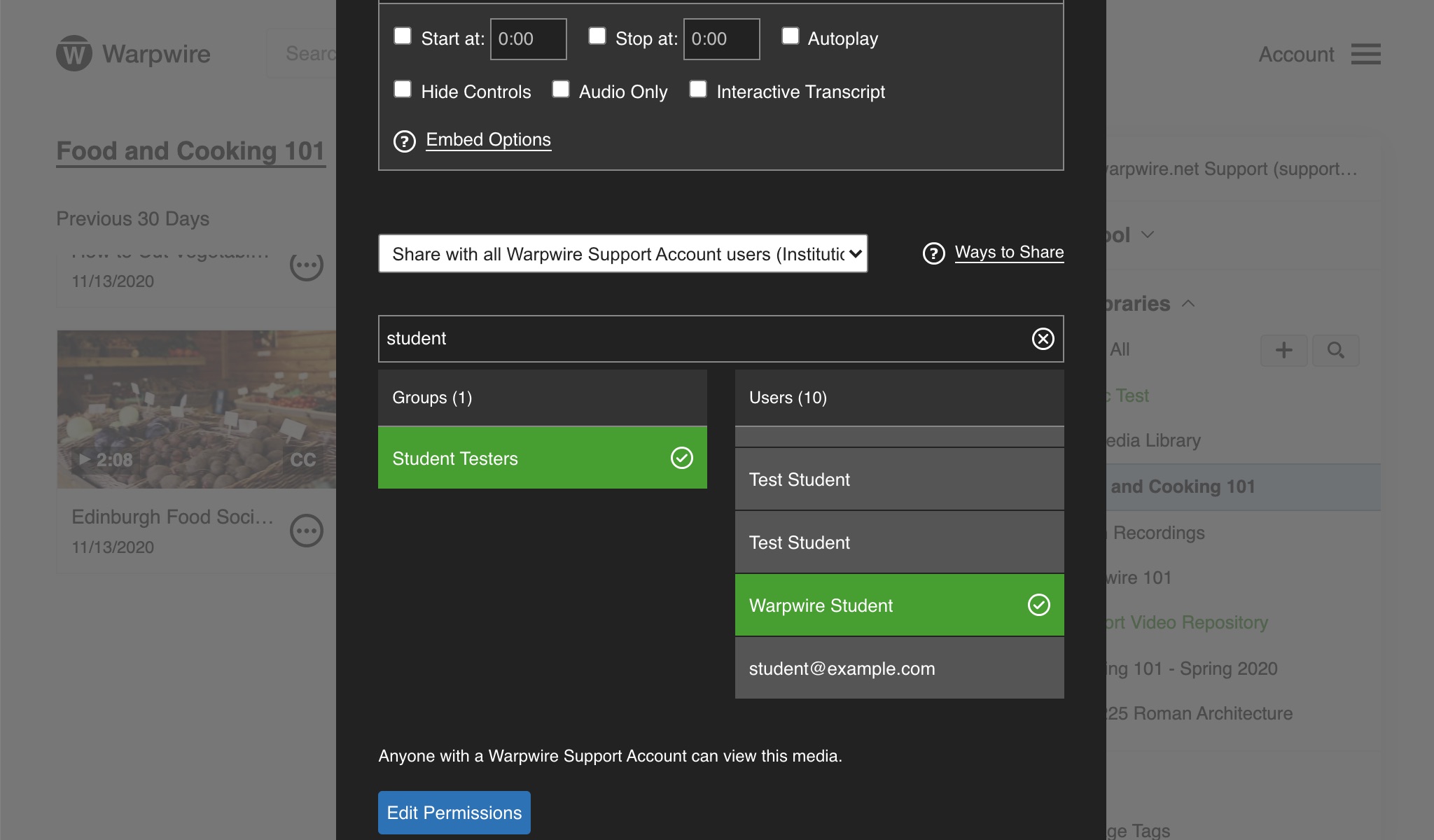 Text search for users and groups within the Warpwire platform, selected are highlighted in green