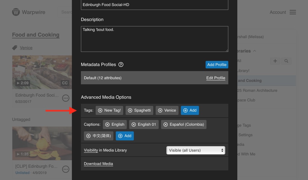 Media options pane, with complete list of active tags