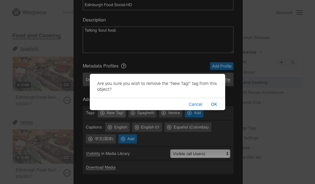 Browser alert for tag deletion for the asset