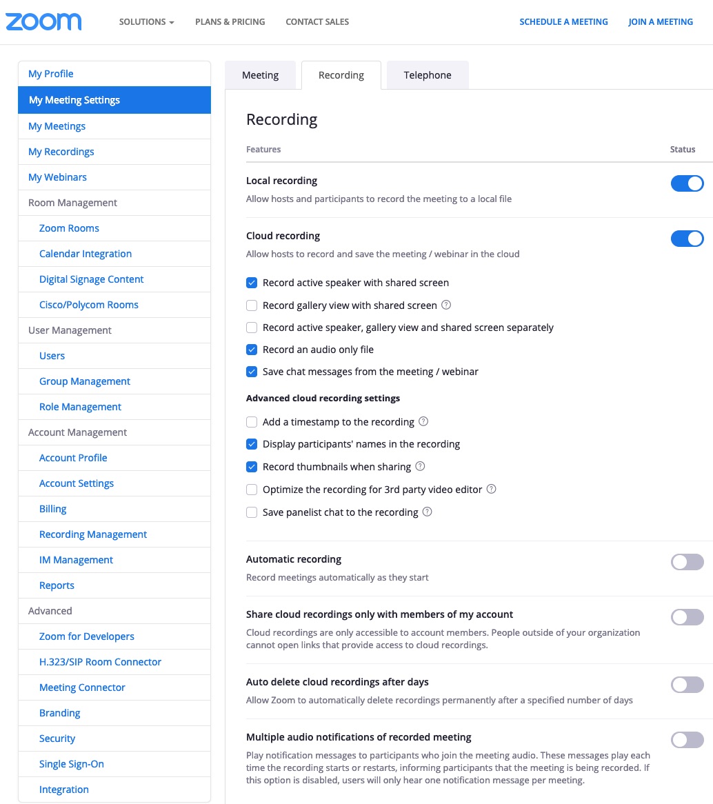 Zoom website settings page