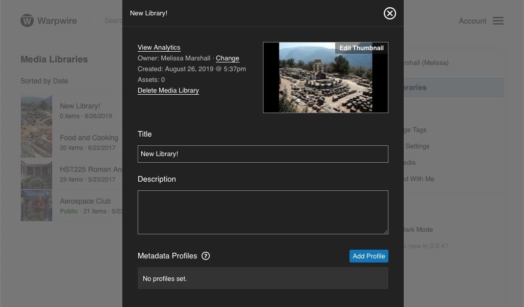 Media Library options pane, with new thumbnail visible in upper-right