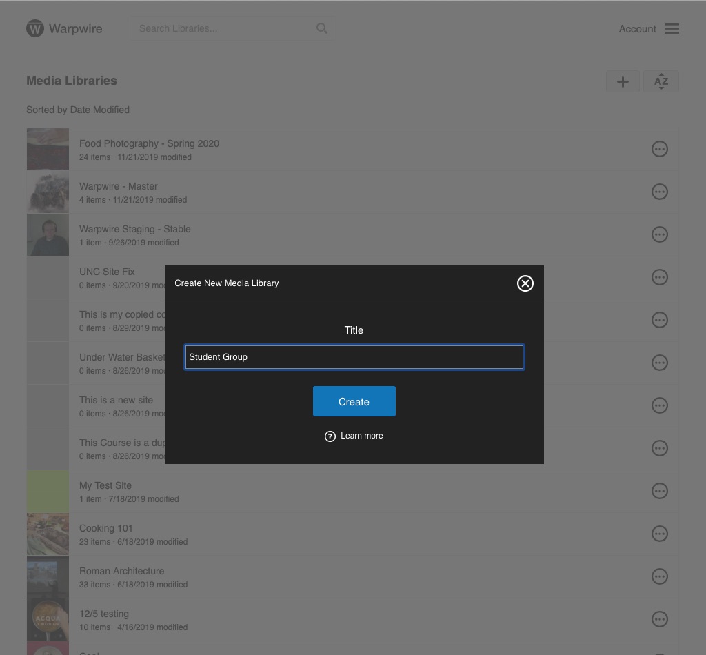User input field for creation of new Warpwire Media Library