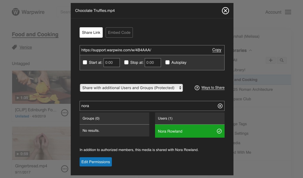 Sharing with users and groups search box, one user selected in green