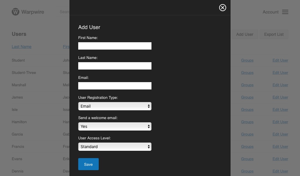 Pane with user input fields to create a Guest Account