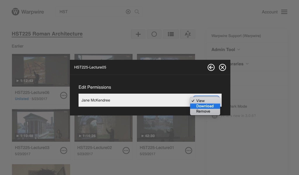 Dropdown menu showing sharing settings for a user