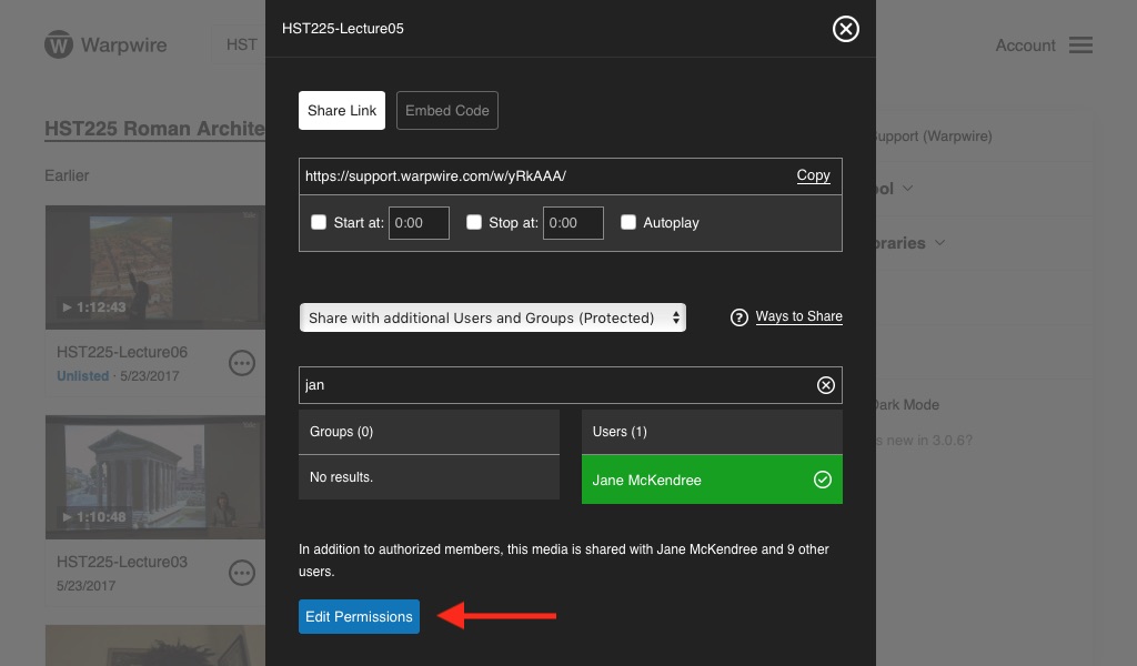 Warpwire User and Group sharing search, with red arrow pointing to Edit Permissions button