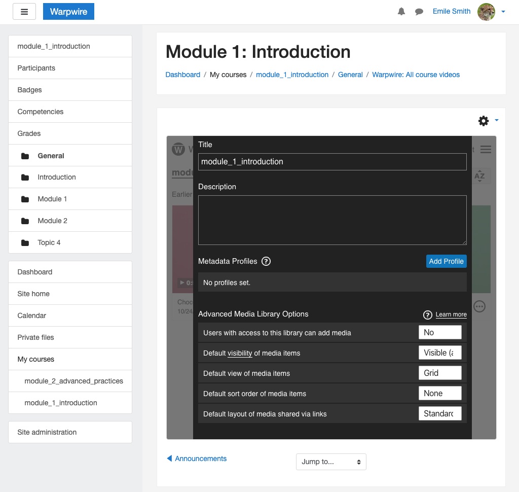 Warpwire Media Library options with user contribution dropdown open