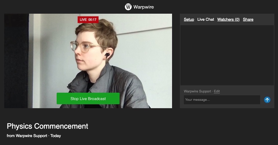 Live broadcast in progress window within the Warpwire video platform