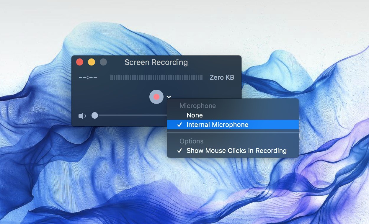 Quicktime player video and audio input options, 'Internal Microphone' option selected in blue