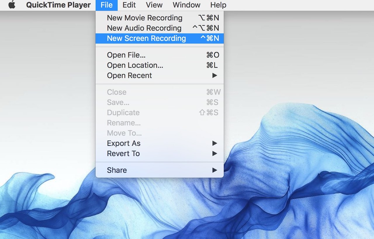 Quicktime 'File' menu in macOS
