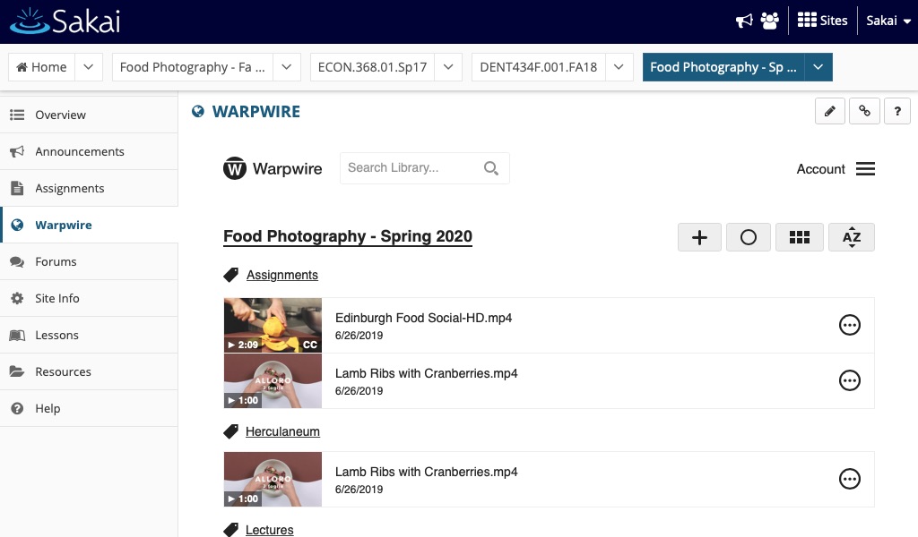 Warpwire course Media Library within Sakai course