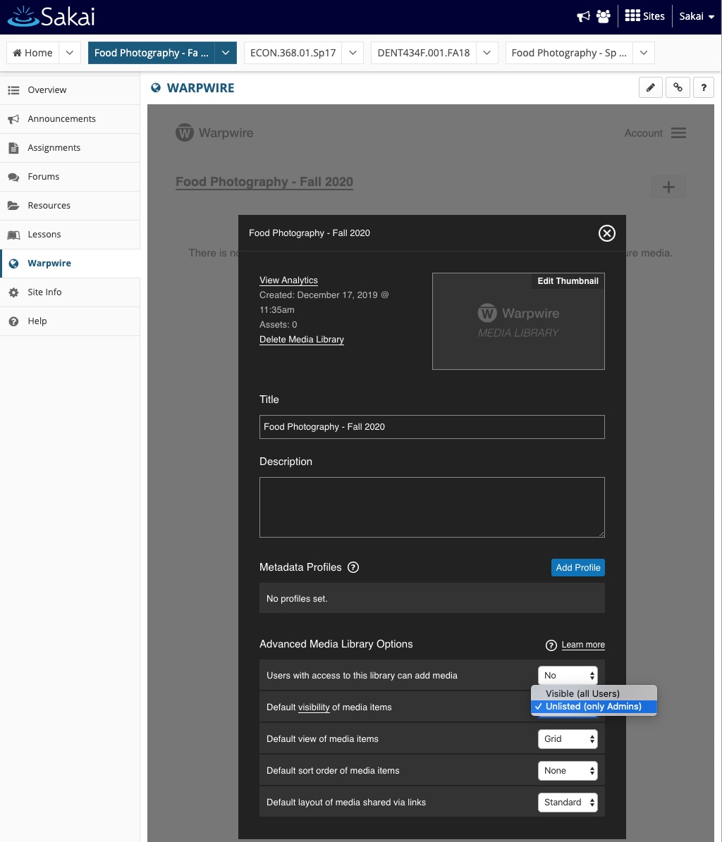 Media Library options pane, with visibility dropdown menu open