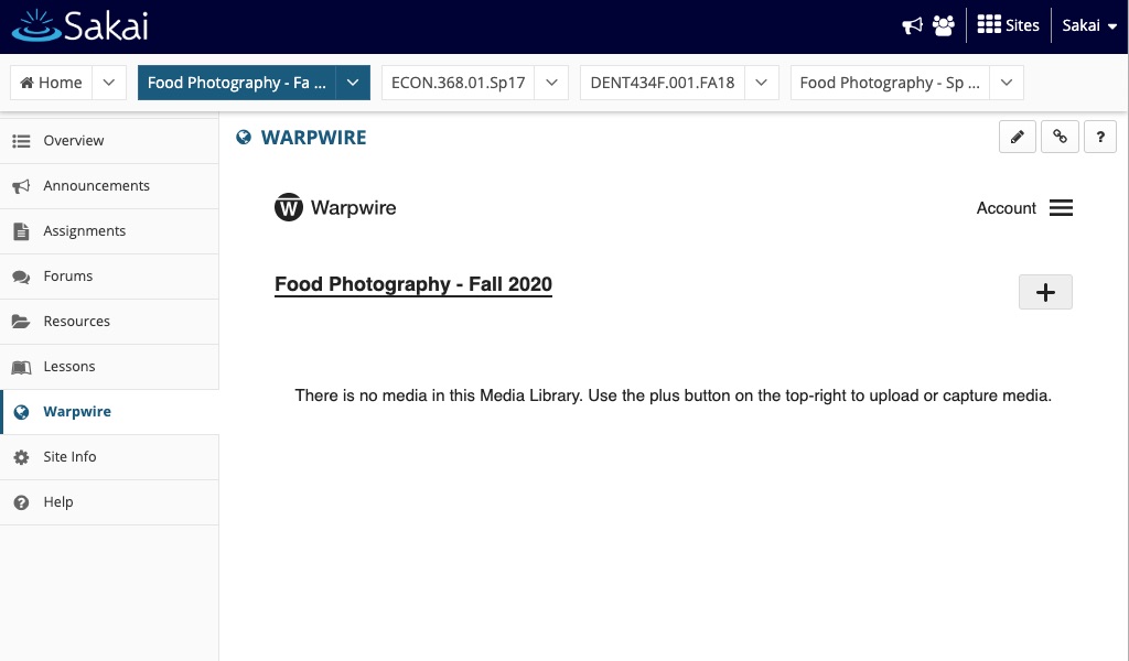 Warpwire Media Library within Sakai